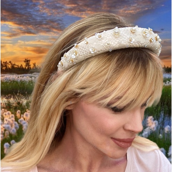 1” Padded Headband Offwhite Vintage Lace Overlay Flower/beads Adorned Handmade - Picture 11 of 11